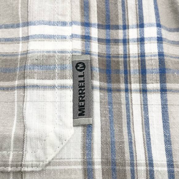 Merrell Boys XL Short Sleeve Plaid Button‎ Down Shirt Tan Blue White Linen Blend - Picture 5 of 8